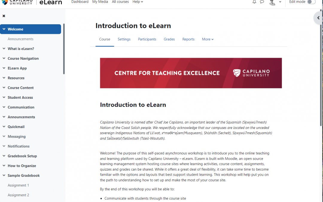 Screenshot of the front page of Introduction to eLearn in Moodle 4.1