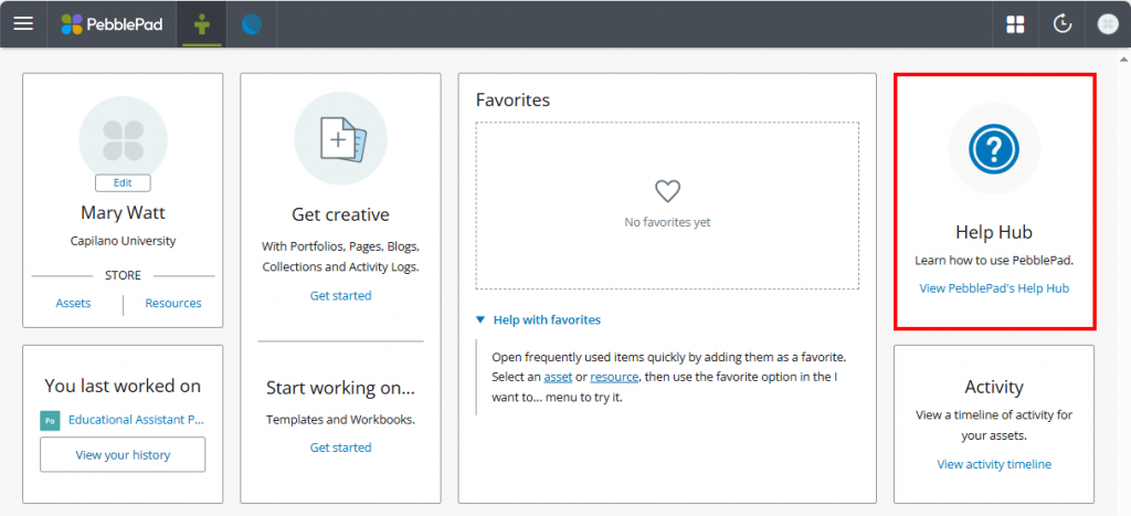 PebblePad dashboard with Help Hub highlighted