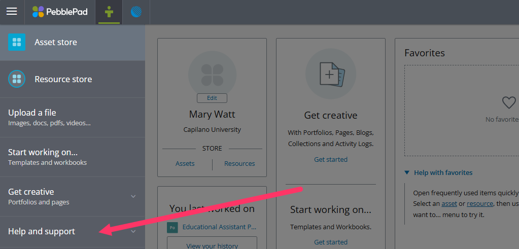 PebblePad burger menu with Help and support highlighted