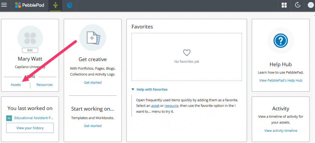 PebblePad dashboard highlighting the Assets link