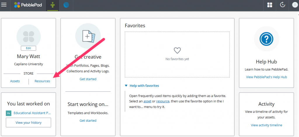 PebblePad dashboard highlighting the Resources page